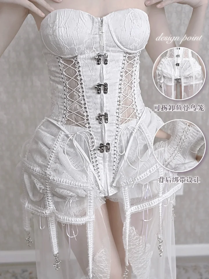 Harajuku White Corset Set for Girls, Gothic Fashion, Kawaii