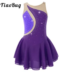 Kids Girls Mesh Splice Rhinestone Figure Ice Skating Dress Ballet Dance Stage Performance Dance Costumes