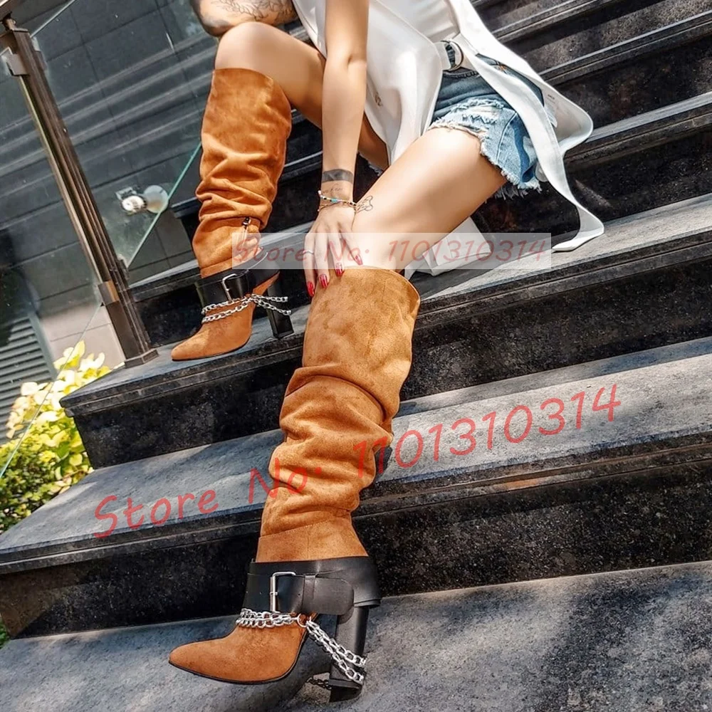 Belt Buckle Brown Knee Boots Women Trendy High Block Heels Pointy Toe Shoes Ladies Streetwear Metal Chain Decor Retro Boots