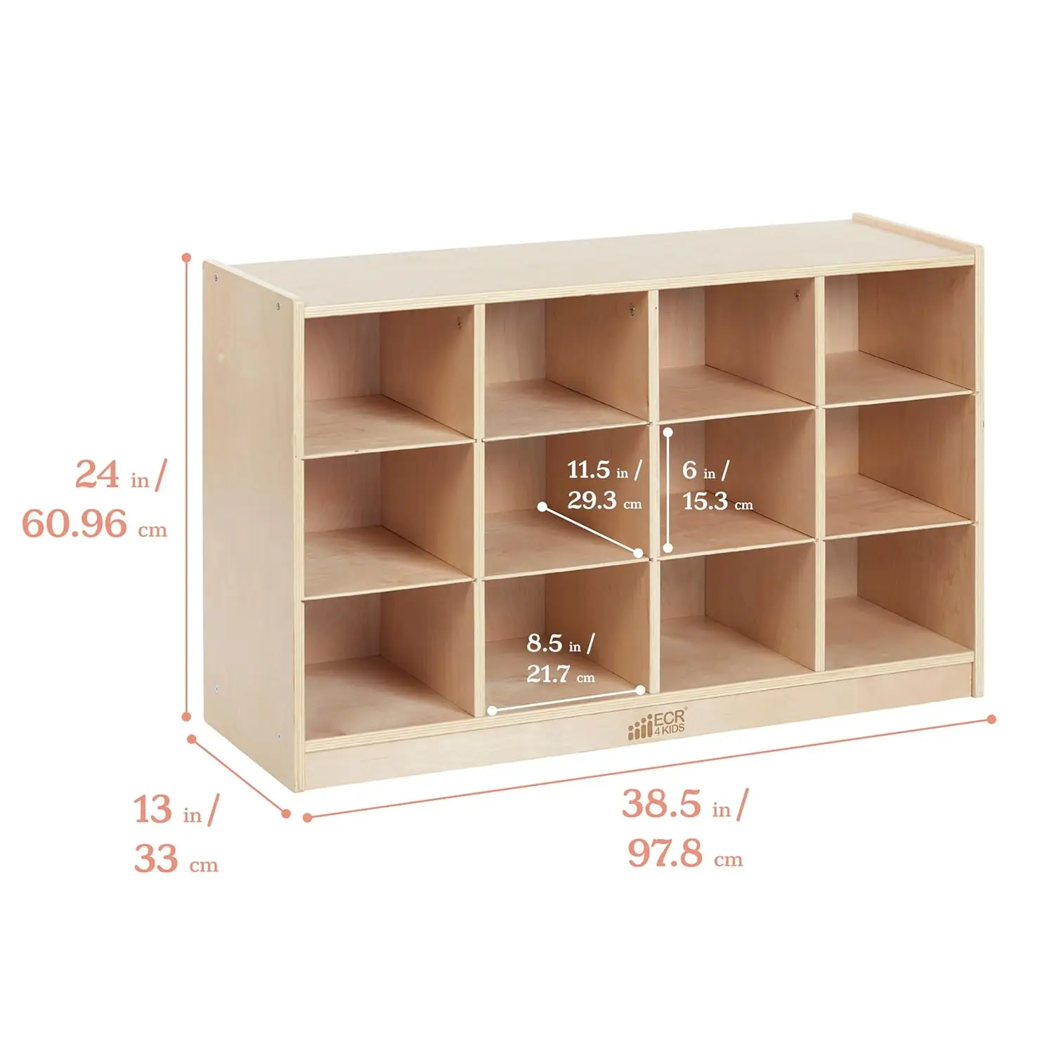 12 Cubby armazenamento armário com bandeja móvel, Classroom Móveis, Natural, 3x4