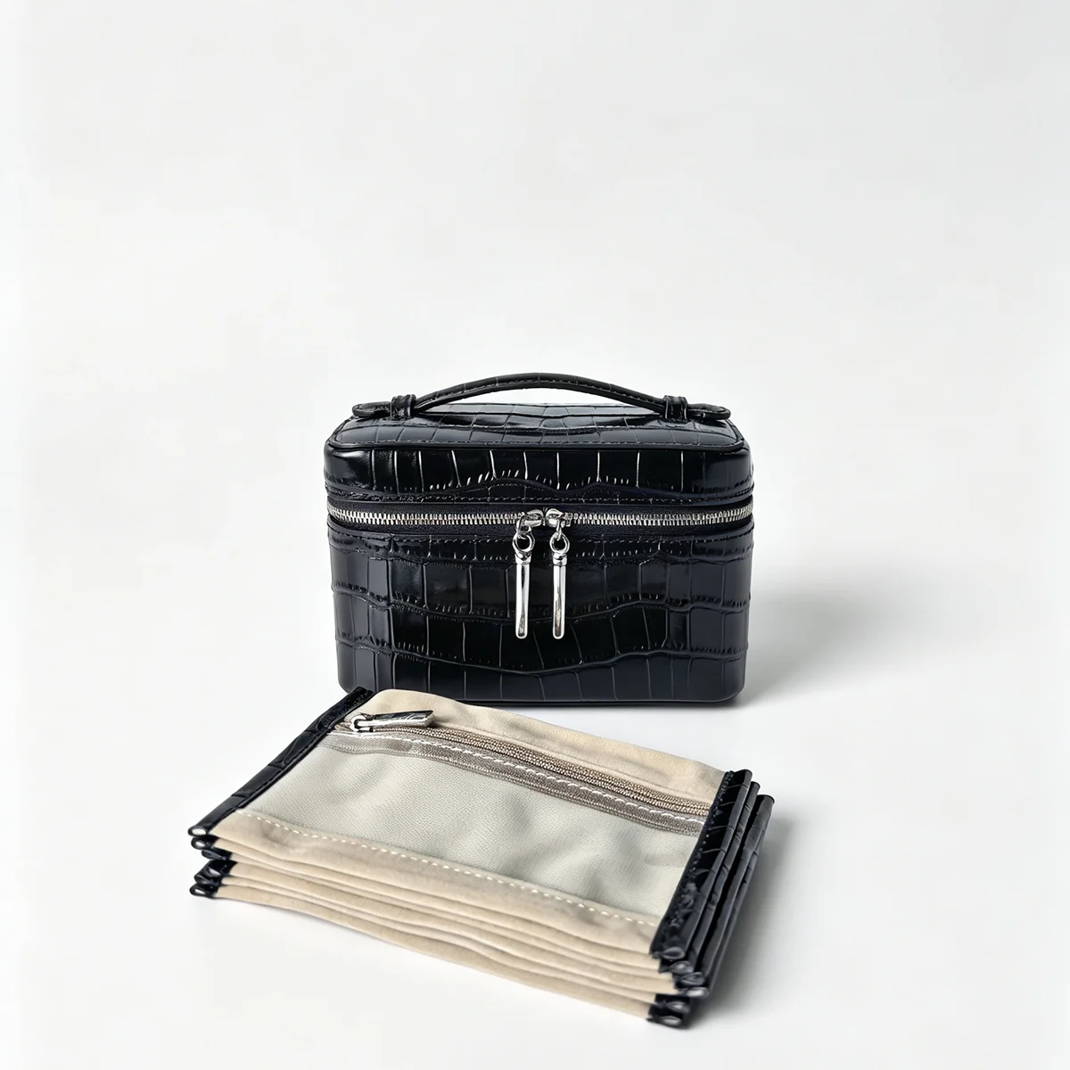Echtes Leder Krokodil-Prägung Schwarzes Kosmetiktaschen-Set für Damen Toilettenartikel-Organizer Große Kapazität Reise-Make-up-Tasche – Detail 28