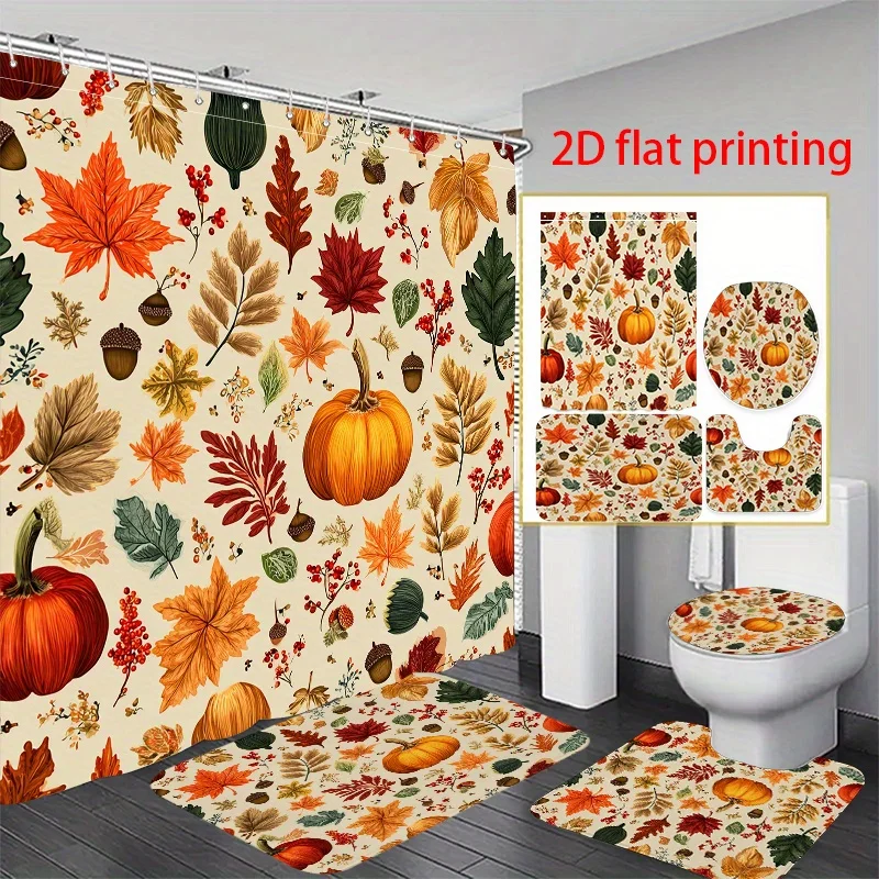 

4pcs 2D Flat Printing Hower Curtain Shower Curtain Set Autumn Leaves And Pumpkins Pattern. Sets to Decorate Your, Toilet, Wall