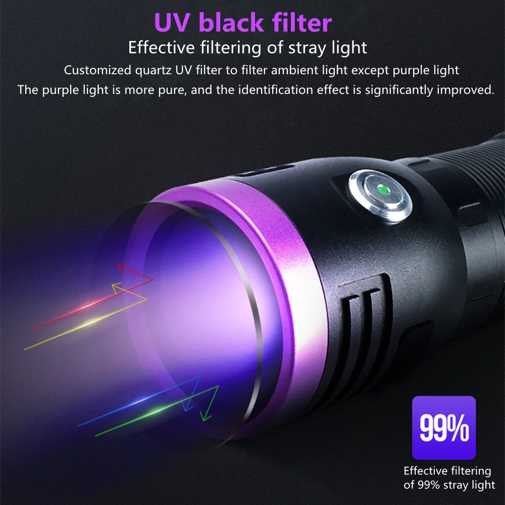 365NM Ultraviolet Lamp 120W High Power LED Flashlight USB Rechargeable UV Detection Torch Black Mirror Purple Light Lantern