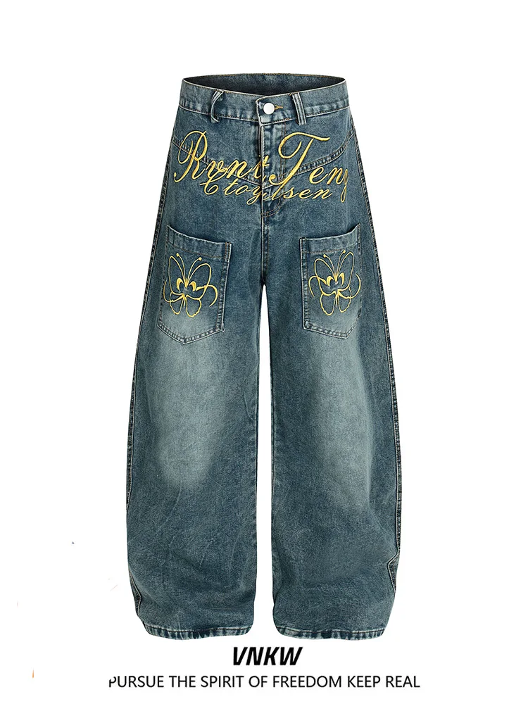 

Джинсы в американском ретро-стиле с вышивкой, свободные, широкие, в пол, рабочие брюки для пар