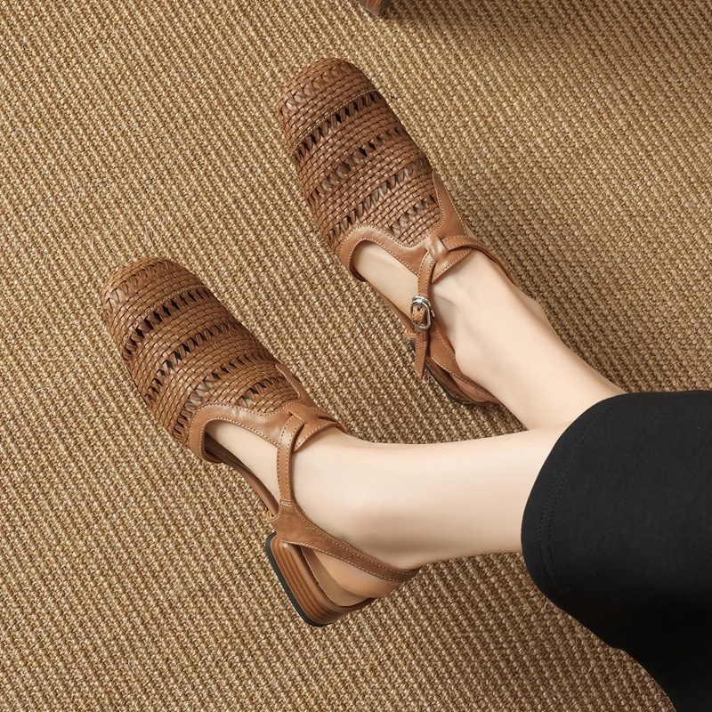 

Women's new summer genuine leather cowhide woven elastic hollow breathable mid heel toe Mueller shoes fashion sandals
