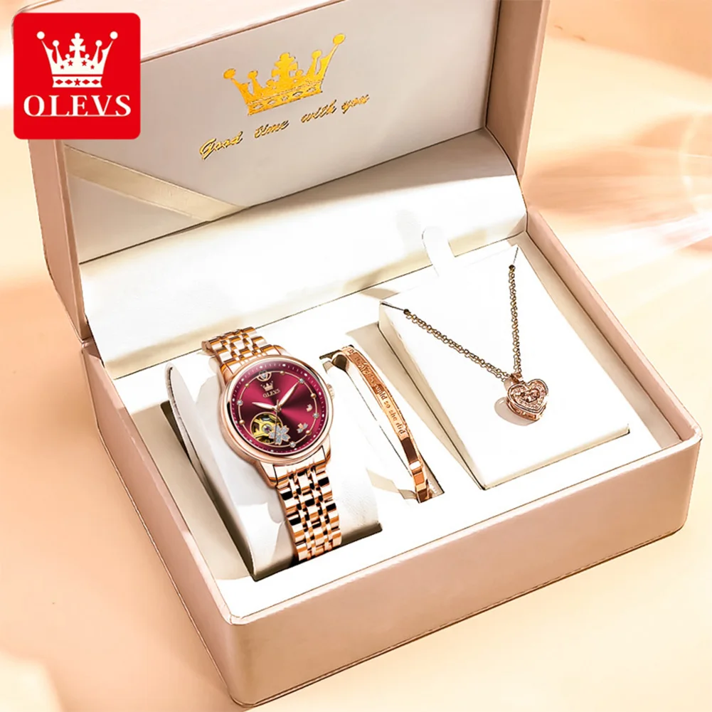 OLEVS 6732 New Womens Watch Original Luxury Skeleton Mechanical Watches Waterproof Luminous Watches For Women Set Bracelet Gift