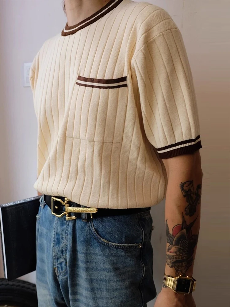 Vintage Striped Patchwork Knit Pullover Mens T Shirts Short Sleeve O Neck Knitted Slim Tops For Men Summer Casual Pocket T-shirt