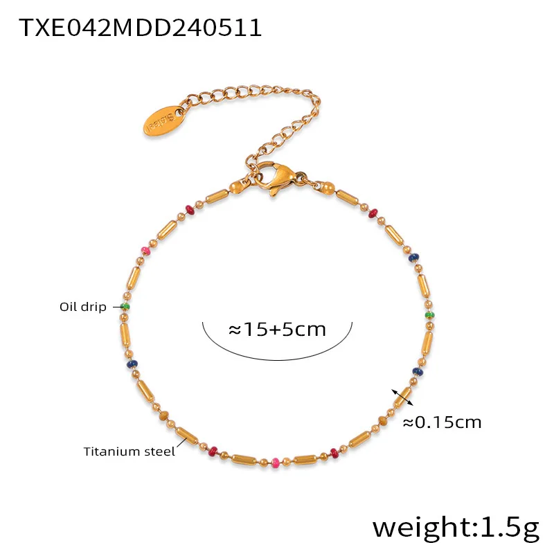 Colorful Enamel Beaded Chain Necklace Bracelet Anklet Set Women's Fashion Stainless Steel Gold Plated Waterproof Jewelry Gift