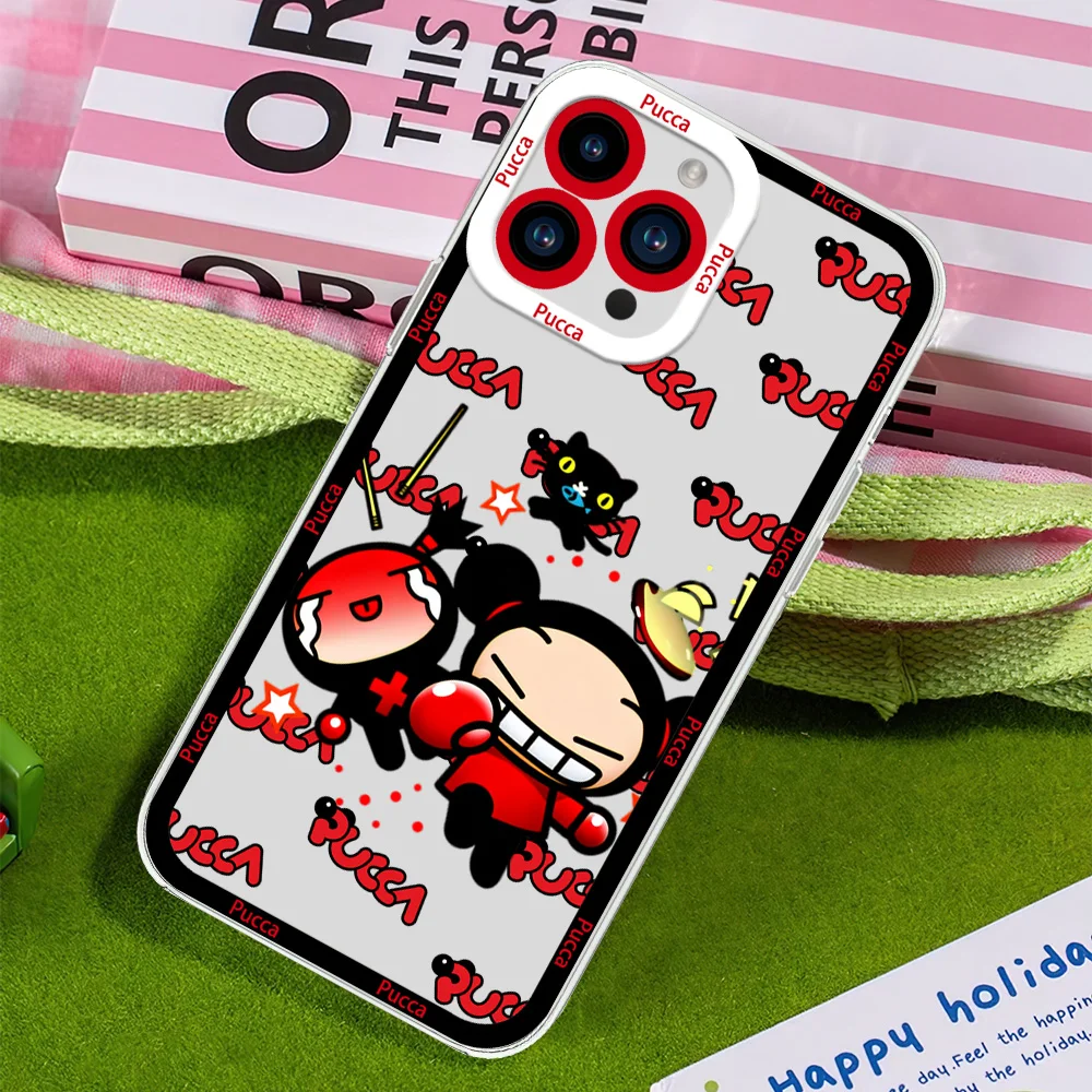 MINISO P-Pucca Cute Garu Cartoon Phone Case for Samsung S24 S23 S22 S21 A55 A54 A35 FE PLUS ULTRA Transparent Bezel Shell