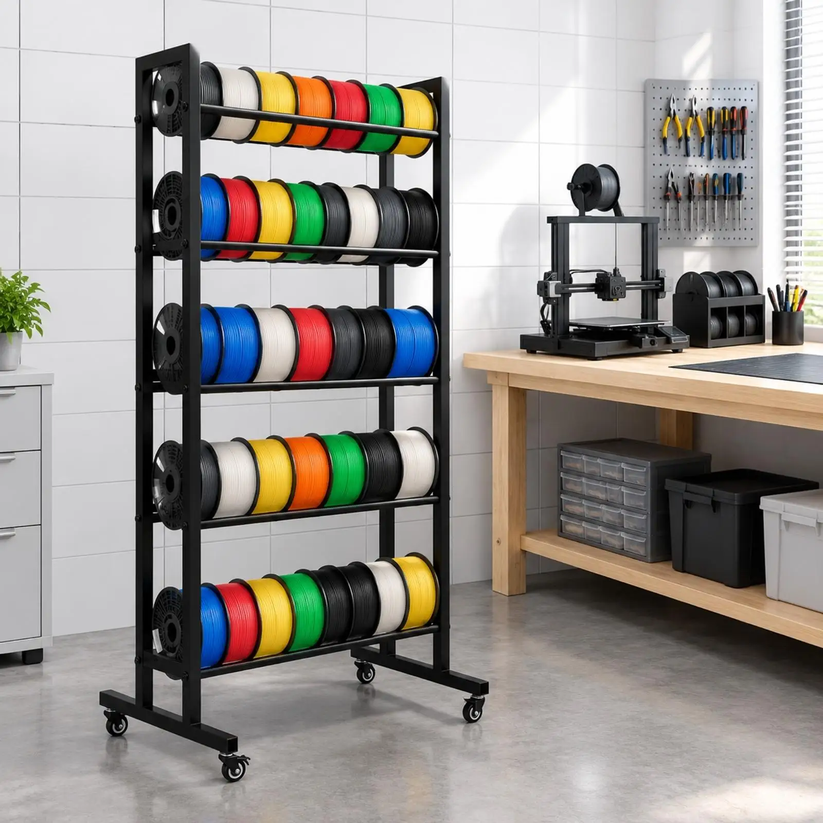 Steel Filament Storage Rack with Spool Rails Heavy-Duty Freestanding Filament Storage Rack Space-Saving Compact