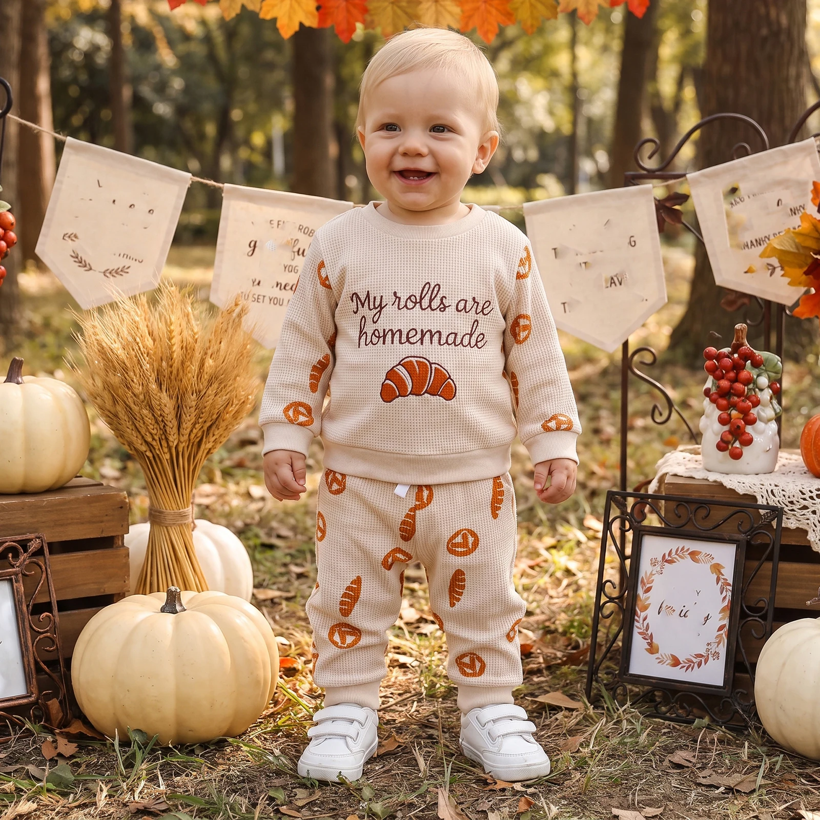 Toddler Baby Thanksgiving Outfit Bread Letter Sweatshirt and Pants 2Pcs Set