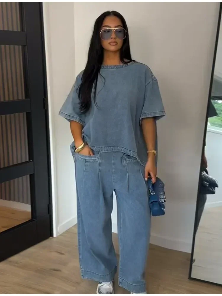 Washed Denim Round Neck  Short Sleeve Top & Pleated Wide Leg Pants 2-Piece Set 2026 Summer Autumn Casual Women Chic Outfit