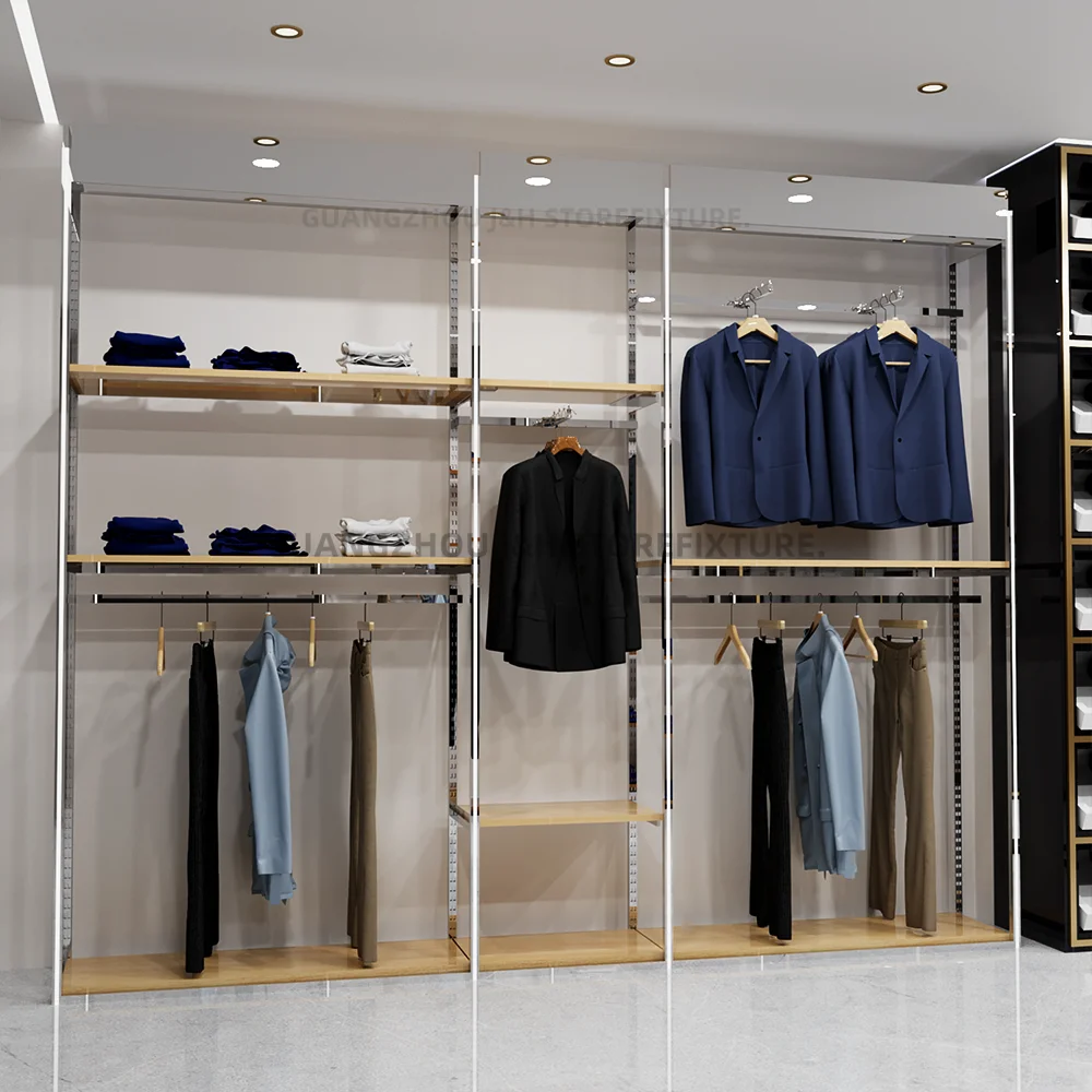 맞춤형 실버 LED 조명 의류 진열대, 소매용 진열 선반, 독립형 옷걸이 진열대