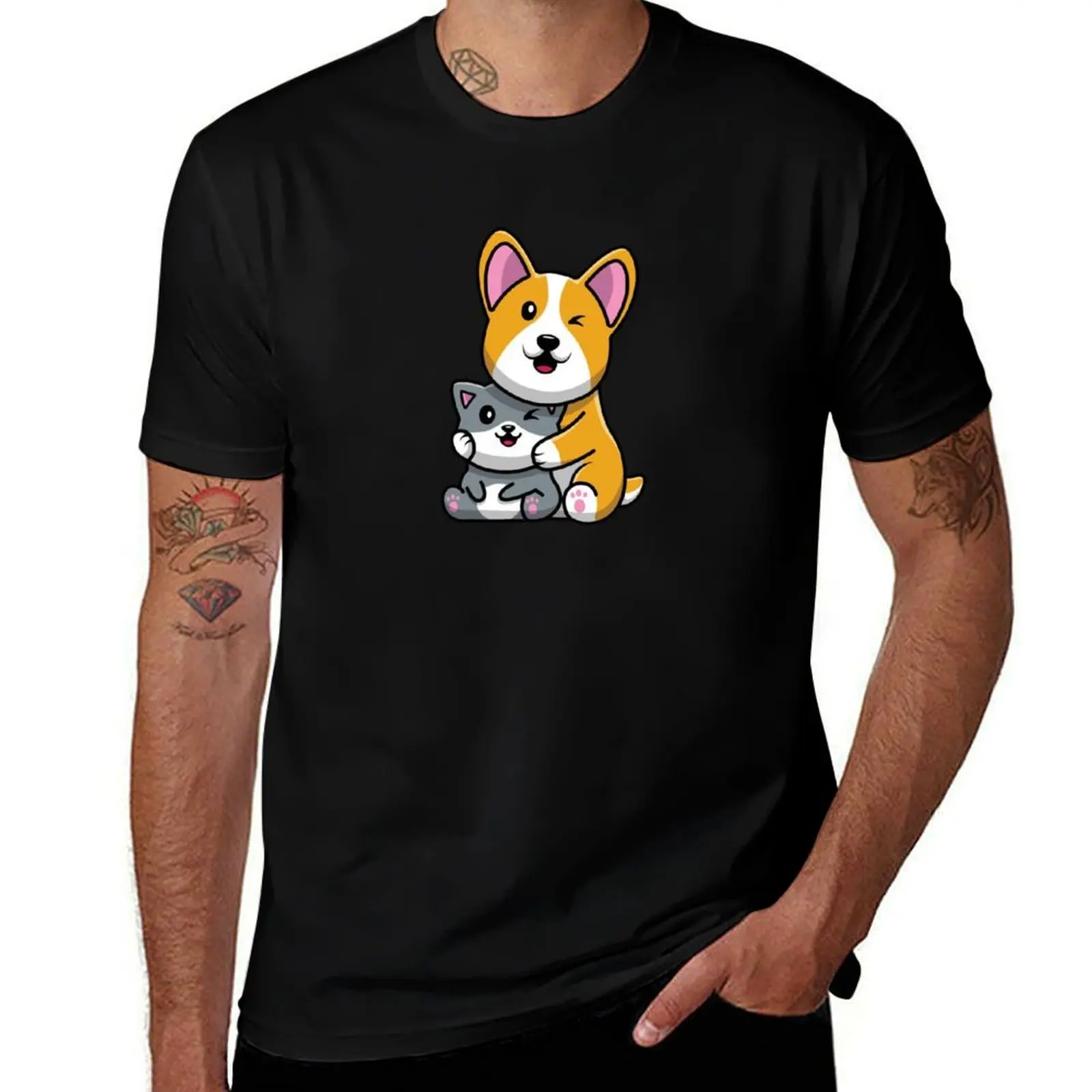

Corgi Dog Hugging Cat T-Shirt t shirt man cotton man t shirts cotton black cotton t-shirt plain for man package T-Shirt