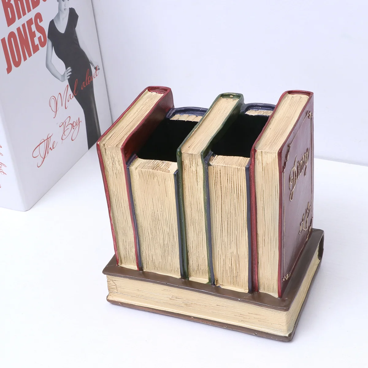 

Retro Resin Book Shelf Pen Holder Vintage Craft Desktop Ornament Home Decor Miniature Red Stylish Organizer Resin Pen Holder
