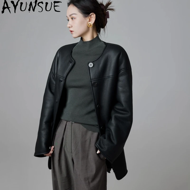 AYUNSUE Echte Schapenvacht Bontjas Vrouwen Echt Leren Jas Middellange Winterjassen 2025, Luxe Kleding Vrouwelijke omegaба Ж Diego