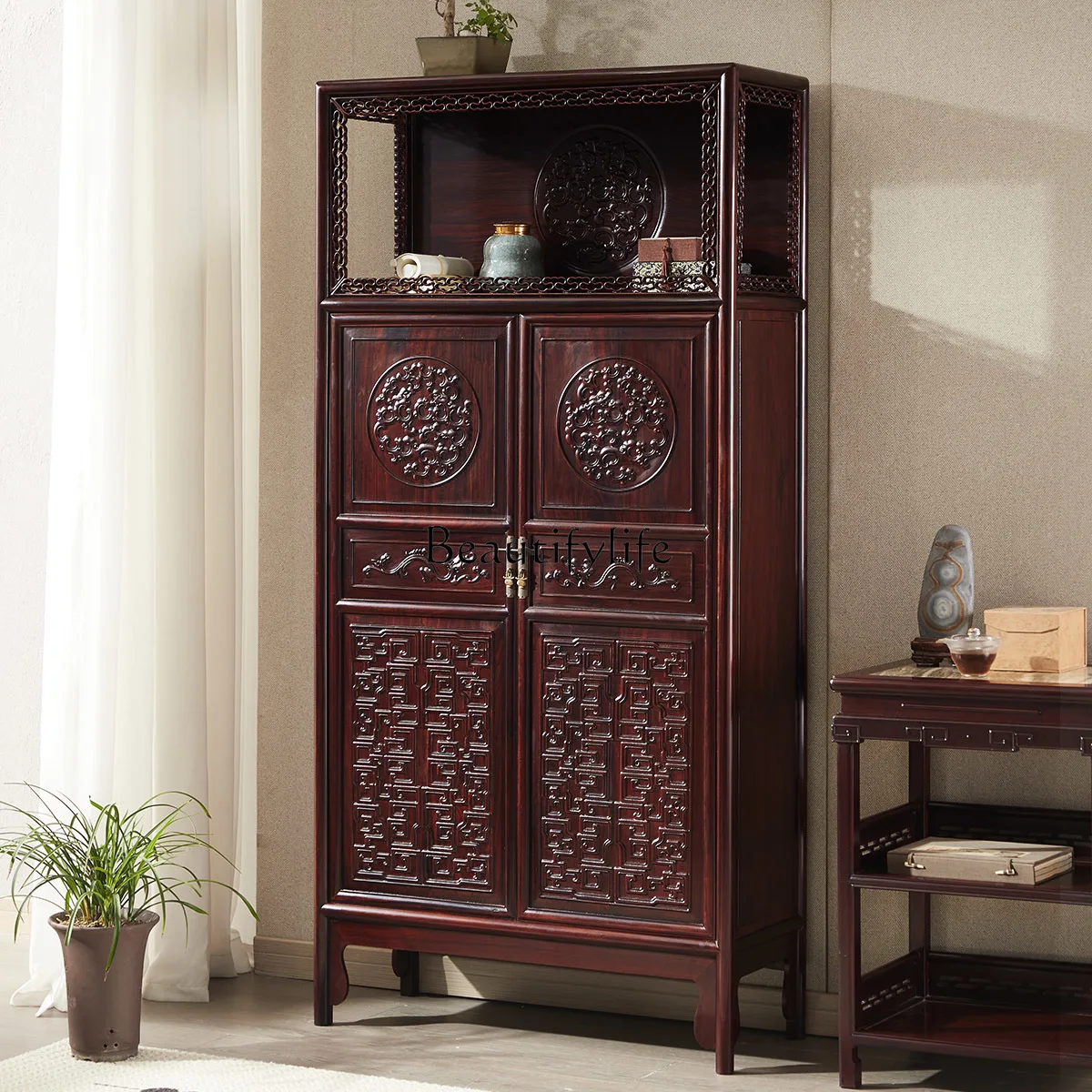 Solid Wood Chinese Style Locker Ming-Style Rounded Corner Cabinet Sandal Wood Bookcase Furniture