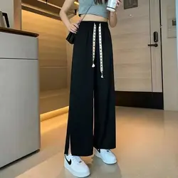 Summer New Loose Split Hem Wide Leg Pants Elastic Waist Solid Color Straight Cropped Pants Casual Fashion Women Clothing