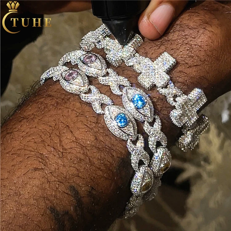 

Pass Diamond Tester 11mm Moissanite Evil Eye Infinity Cuban Link Bracelet 925 Silver VVS Mossanite Iced Out Cuban Bracelet