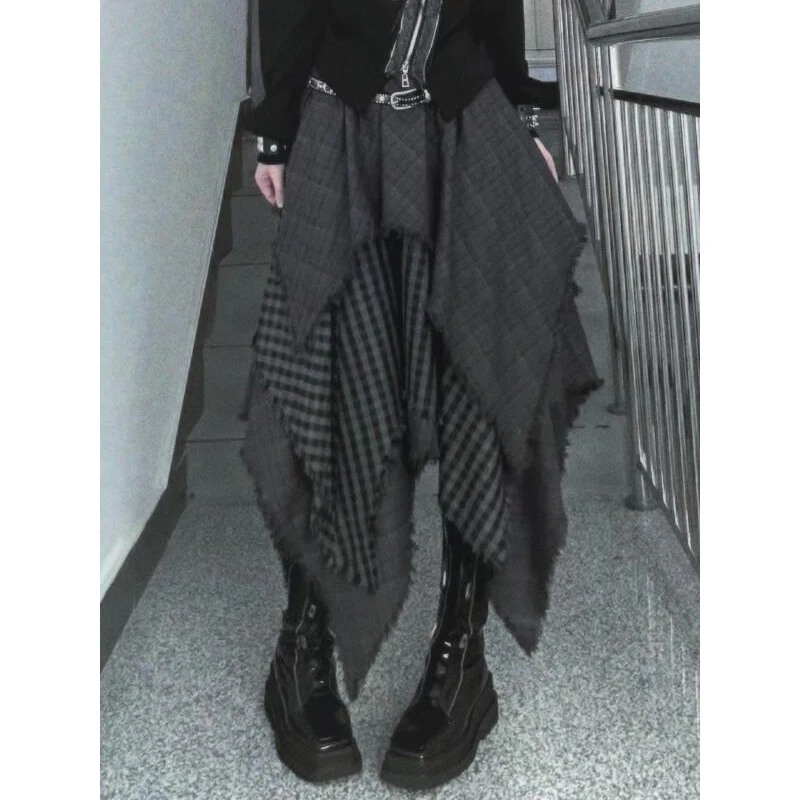 

PBAP клетчатая юбка трапециевидной формы с нерегулярными сращиваниями, женская клетчатая длинная юбка в стиле панк с эластичной резинкой на талии, потертая плиссированная длинная юбка, повседневная винтажная одежда