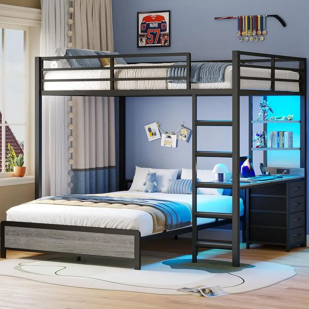 

Full Over Full Bunk Bed with Desk, Charging Station, LED Lights, Storage Drawers, and Shelves, Metal Frame with Safety Rail and