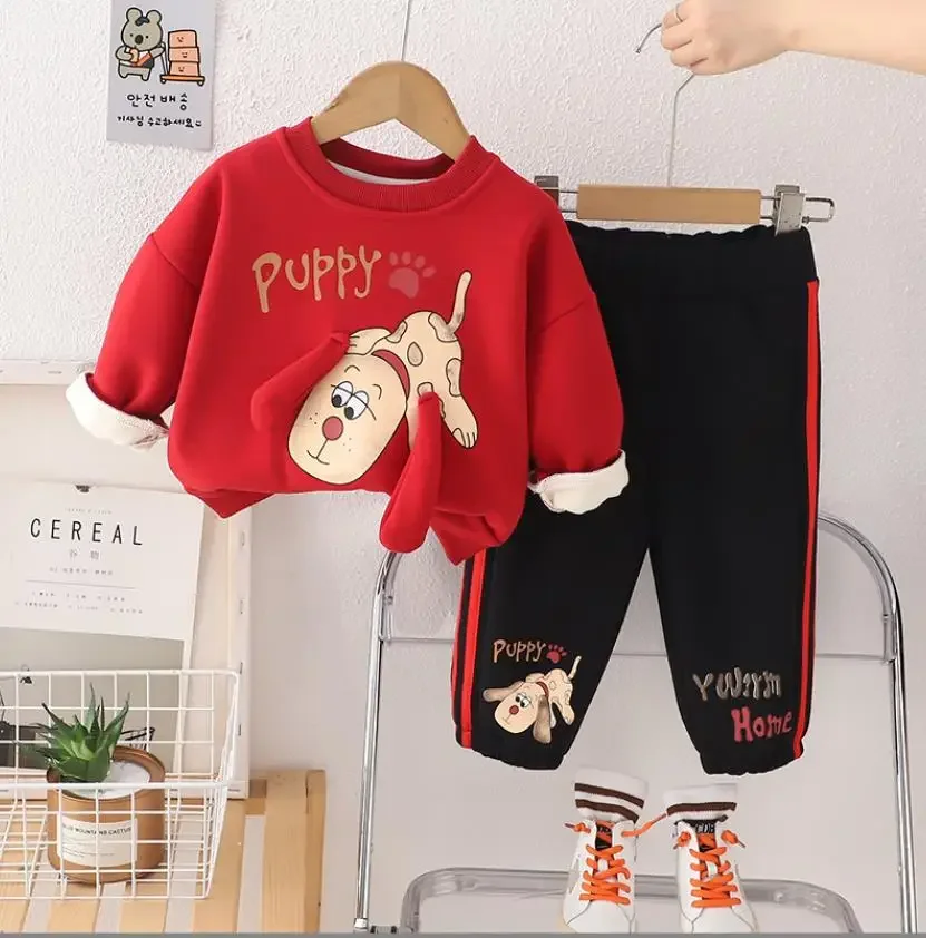 Autumn Winter Boutique Outfits for Toddler Boys Girls Clothes Cartoon Puppy Fleece Pullover Sweatshirt+Pants Christmas Kids Sets