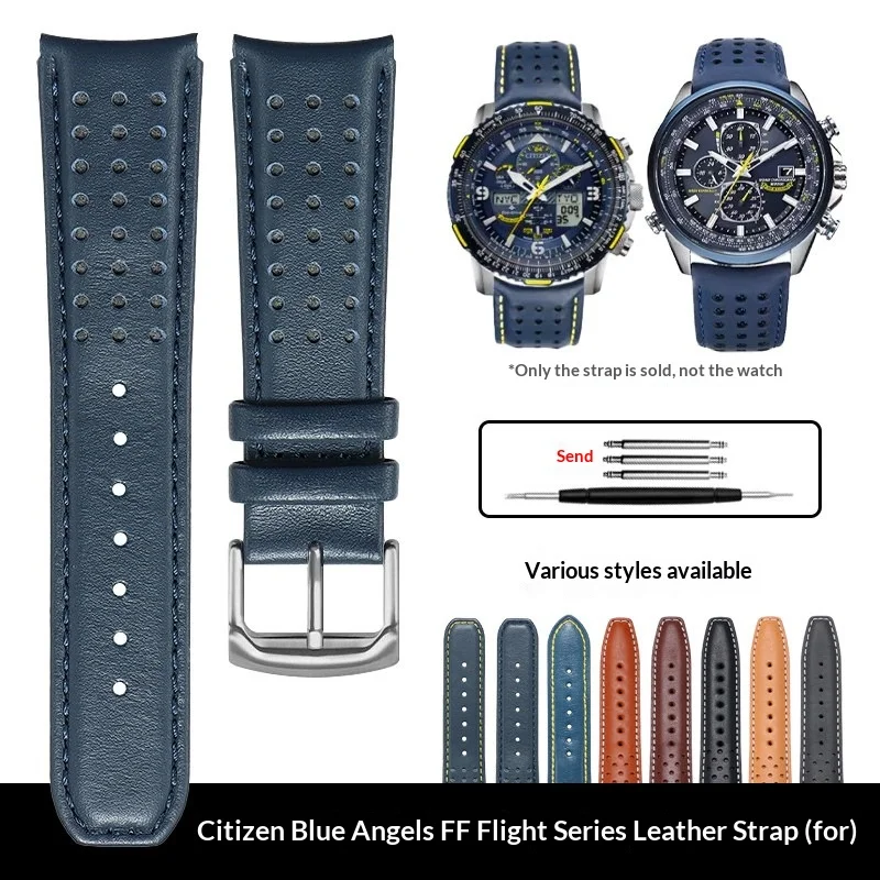 22mm 23mm Curved End Blue Top Grain Cowhide Watch Strap Replacement Compatible with Citizen FF Blue Angels AT8020-03L AT8020-54L