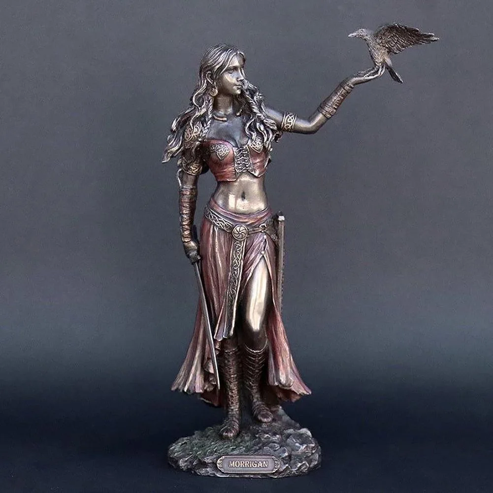 Resin Statues The Celtic Goddess of Battle with Crow & Sword Bronze Morrigan Finish Statue Ghost Head Cup Resin Crafts