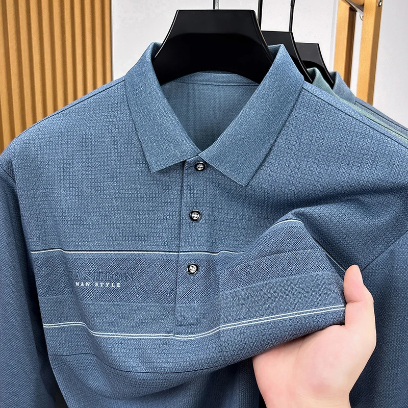 Men's Casual Soft Autumn Pocket Long Sleeve Polo Shirt Containing Cotton Advanced Solid Color T-Shirt Comfort Office Men's Wear