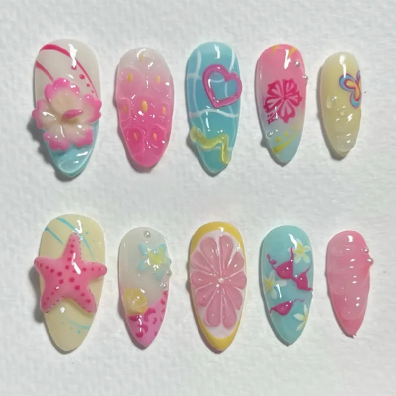 

24pcs Press on Nails 3D Fruit Party Graffiti Heart Checkered Flower Pattern Fake Nail for Women&Girl Removable Wearable Nail