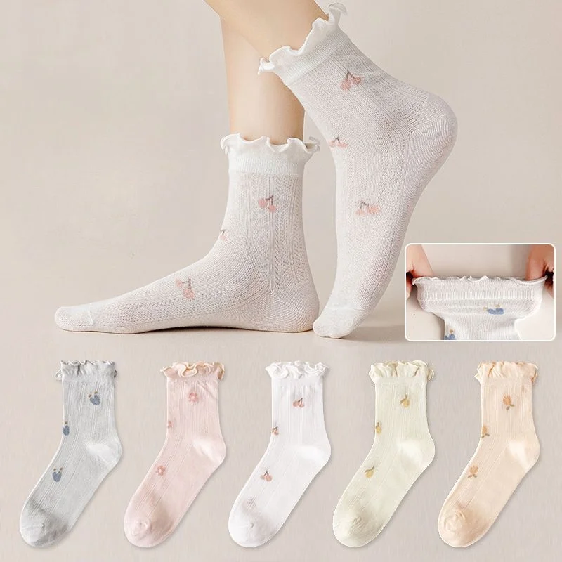 Calcetines holgados de algodón con volantes para mujer, calcetín fino de tubo largo con estampado Floral blanco, Lolita, Verano