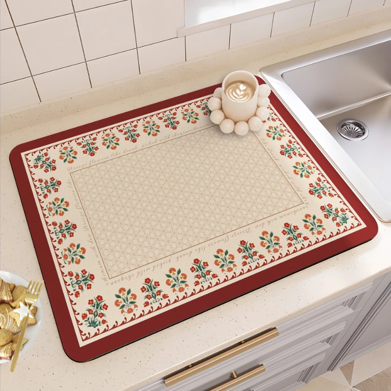 VIKAMA Kitchen Drain Mat Cream Red Floral Border Print Dish Drying Mat Water Absorbent Quick Dry Anti Slip Soft