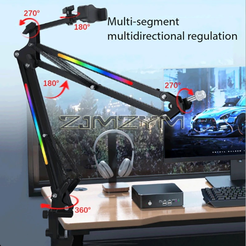 RGB USB Condenser Microphone Boom Arm Stand with Touch Button Gaming Desktop Mic for Live Streaming
