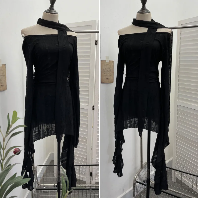 Vintage Dark Wasteland Style Dress Faded Ripped Off Shoulder Hanging Neck Ribbon Long Sleeve Irregular Split T-shirt Dress9295