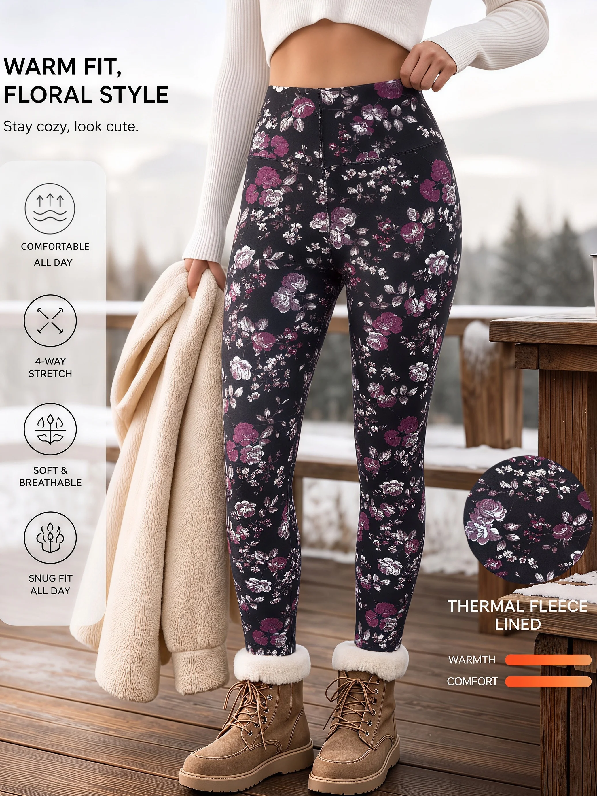 Women's Black Rose Floral Print High Waist Fleece Lined Leggings Thick High Elastic Soft Slim Retro Floral Bottoms Warm Pants
