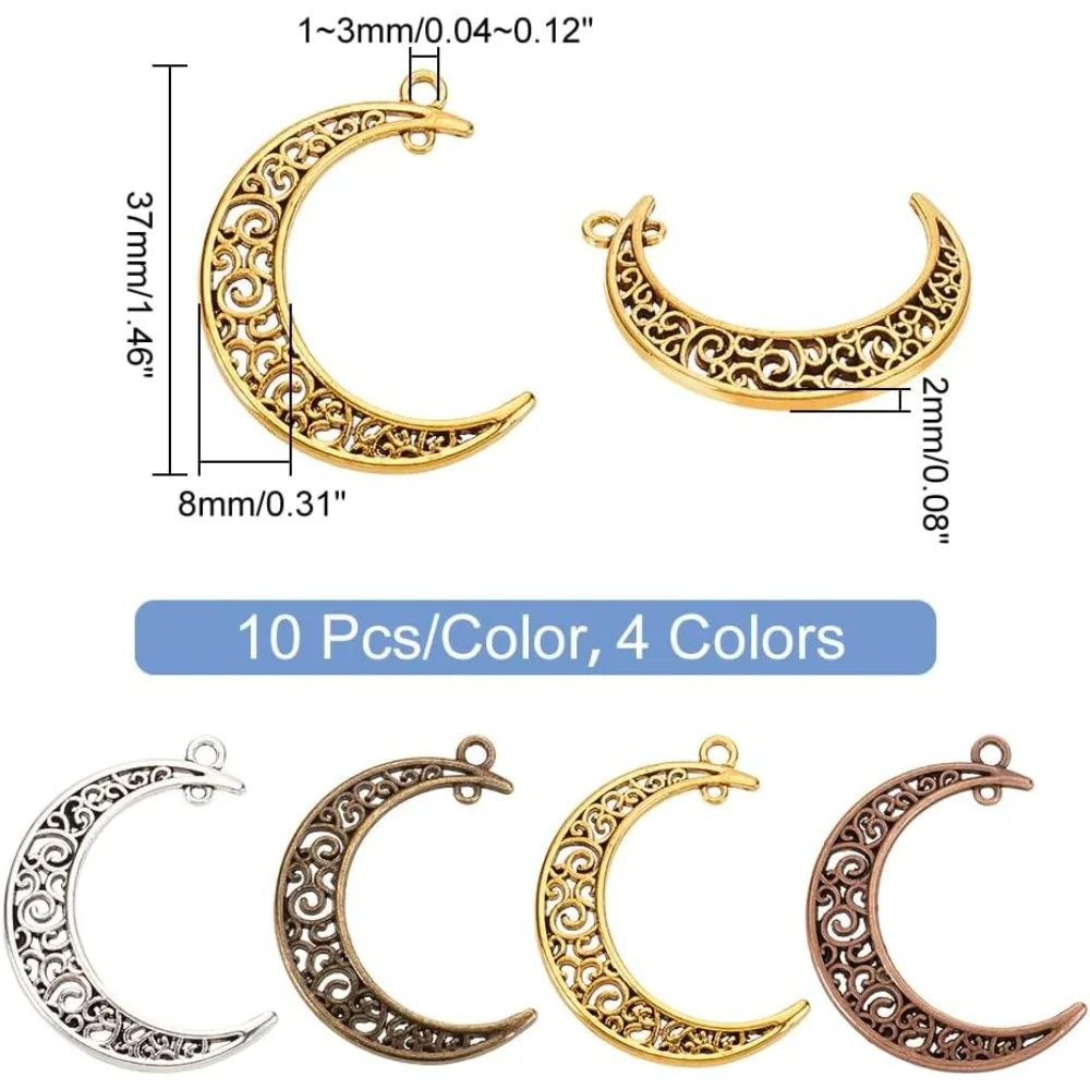 40 pcs 4 Colors Tibetan Style Alloy Hollowed Moon Charms Pendant for Necklace Bracelet Jewelry DIY Craft Making making kit