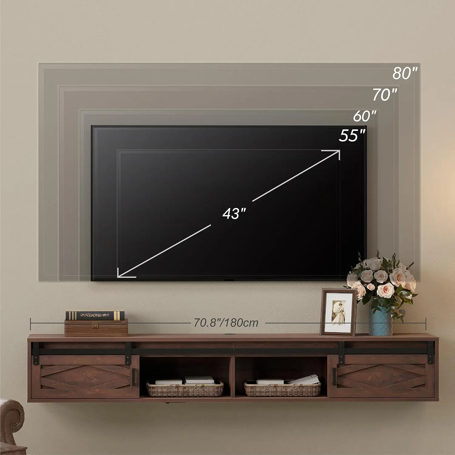 WAMPAT Sliding Barn Door Floating TV Stand for 80