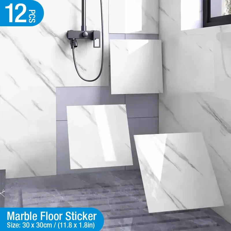 

12pcs PVC Peel Tiles Sticker Waterproof Bathroom Floor Tiles Sticker Simulated Marble Adhesive Wallpaper Laminated Floor Sticker