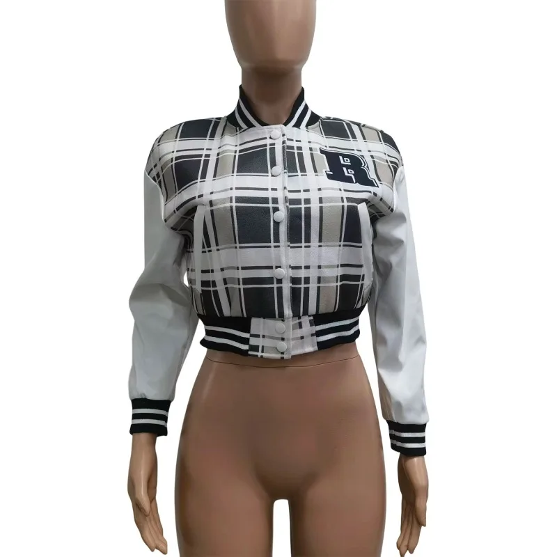 Letter Print Plaid Patchwork Velvet Bomber Jackets Women Fashion Long Sleeve Single Breasted Baseball Coats Casual Streetwear
