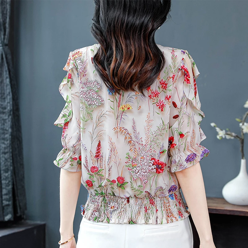 Korean Half Sleeve Ruffels Casual shirt Patchwork Floral Printed Tops 2024 New fashion Summer Women Chiffon Blouse