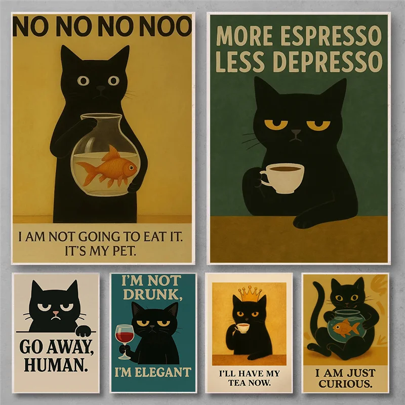 Funny Bathroom Cat Poster Black Kitten Print Gift for Her Coffee Kitty Wall Art Trendy Artwork Espresso Bar and Home Room Decor