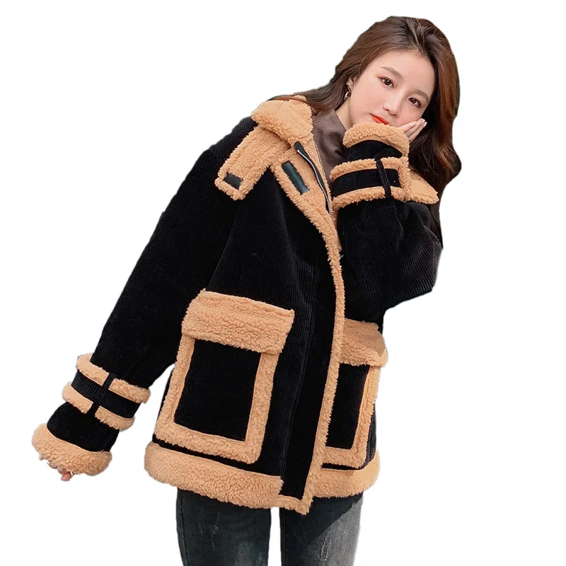 Stand-up collar lamb wool stitching corduroy jacket women winter 2021 new style Korean loose thick short cotton-padded jacket