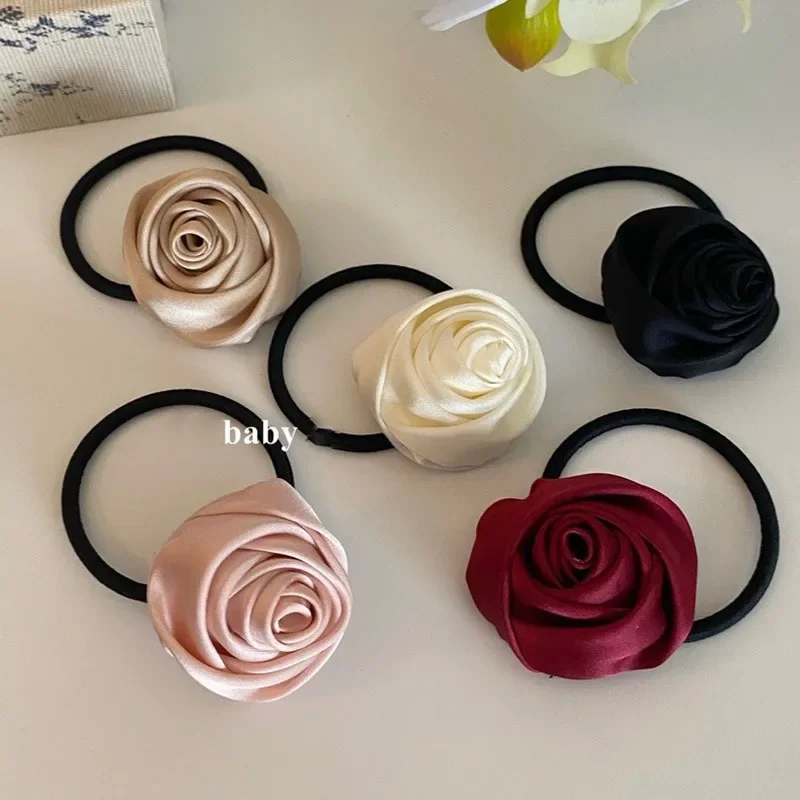 French Satin Rose Flower Scrunchies Hair Tie for Women Girls Korean Sweet Floral Ponytail Elastic Hair Band Head Rope Headdress