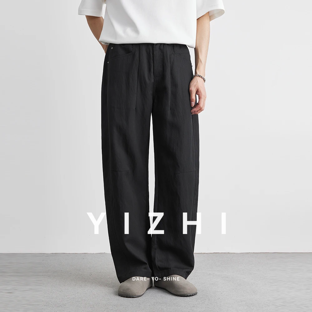 Men's Casual Pants Summer New American Loose Ice Silk Wide Leg Pants Straight Trousers Fashion Button Pocket Nine Point Pants