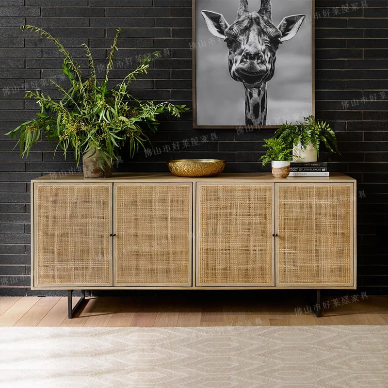Retro rattan sideboard solid wood woven rattan TV cabinet square Nordic ...