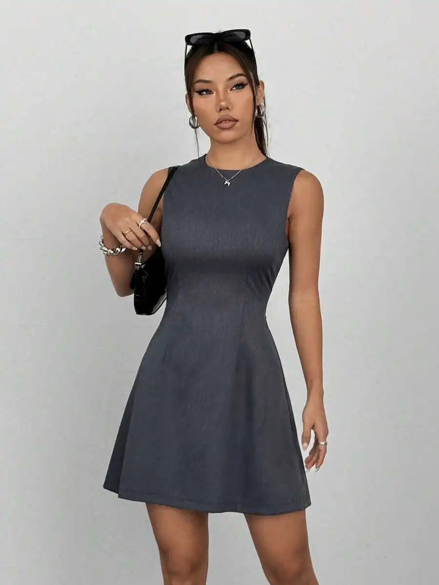

Grey Sleeveless A-Line Mini Dress With Cinched Waist Casual Elegant Summer Dress For Women
