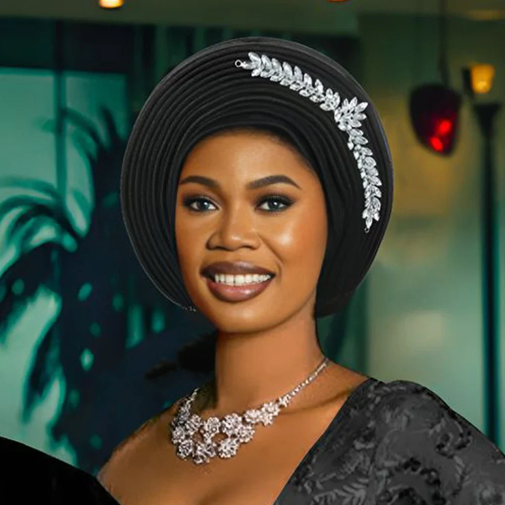 الزفاف متعدد الطبقات قبعة عمامة أشرطة رأس الأفريقية مطوي أغطية الرأس كريستال نيجيريا ربطة الرأس السيارات Gele بونيه مسلم الحجاب بالفعل #4