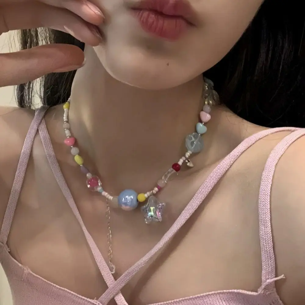 Dopamine Girl Resin Beading Star Heart Necklaces Y2K Colorful Sweet Cool Girl Candy Color Choker Clavicle Chain Jewelry