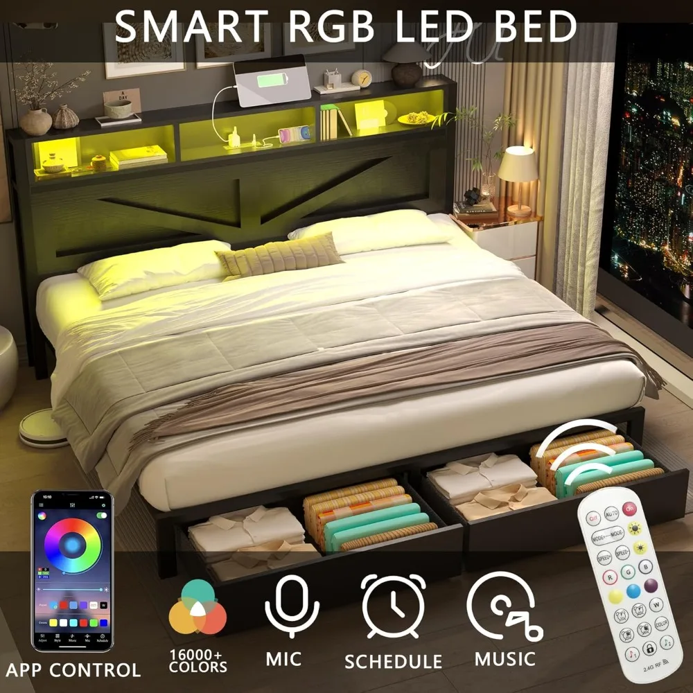 King Bed Frame with Bookcase Headboard and Storage Drawers, LED Lights and Charging Station, No Box Spring Needed，Customized