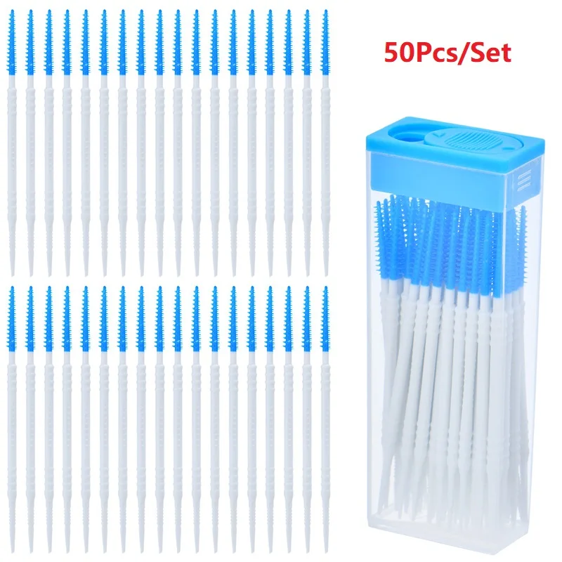 50pcs Double-end Interdental Brush Clean Between Teeth Extended Massage Disposable Silicone Toothpicks Brush